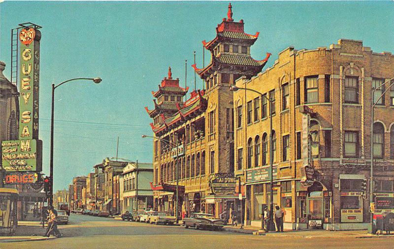 Chicago IL The Chinese Temple Street View Storefronts Old Cars Postcard