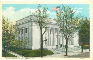 Gettysburg PA Federal Building,  Men, Flag WB  Postcard Unused