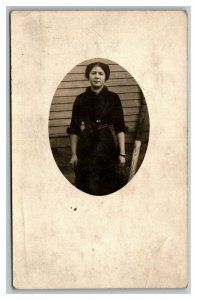 Vintage 1910's RPPC Postcard Photo of Young Woman in Front of House