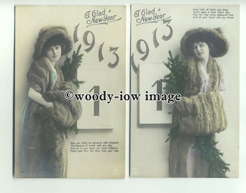 su2305 - Calender Girl in Furs Pose for 1913  New Year & Poem - Postcards x 2