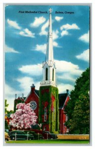 Vintage 1940's Postcard First Methodist Church Salem Oregon - Antique Cars