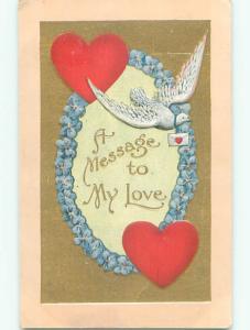 Unused Pre-Linen valentine DOVE BIRD CARRIES CARD & FORGET-ME-NOT FLOWERS k9449
