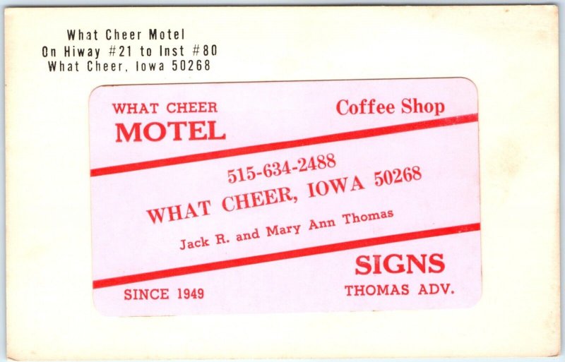 c1960s What Cheer, IA Motel Advertising Business Card Postcard Mary Thomas A149