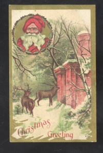 CHRISTMAS GREETING SANTA CLAUS RED ROBE REINDEER VINTAGE POSTCARD 1910