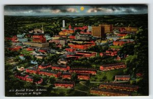 Night Time Aerial View Athens Georgia Postcard Unposted Linen Moon Buildings