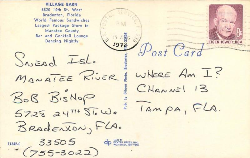 VILLAGE BARN BRADENTON FLORIDA WHERE AM I? CHANNEL 13 TAMPA FL OLD CARS POSTCARD