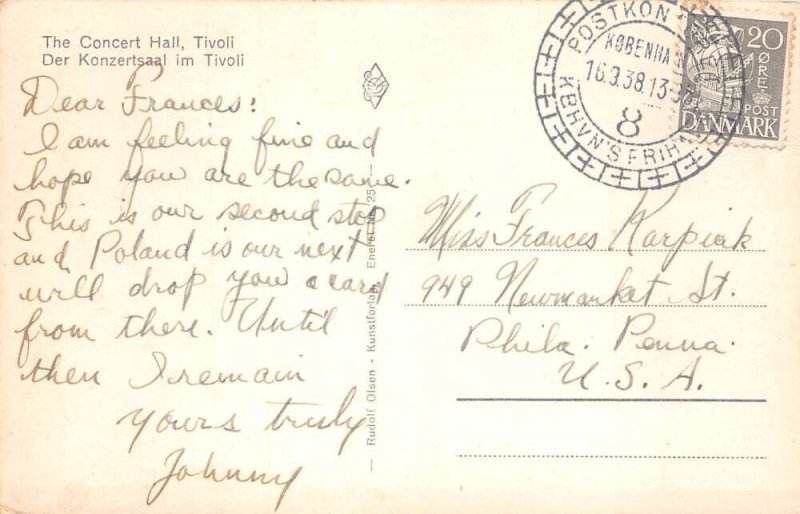 Kovenhavn Copenhagen Denmark Tivoli Concert Hall and Fountain Postcard AA105905