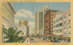 Miami, Florida Flagler St Looking West, Du Pont Bldg 1947 Linen Postcard Used