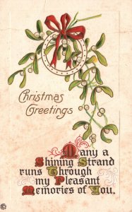 Vintage Postcard Christmas Greetings Leave Ribbon Pleasant Memories Of You