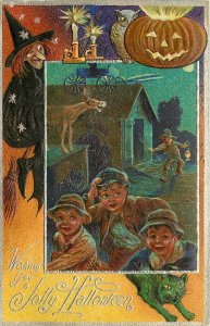 Great Nash Embossed Halloween Postcard Ser.4, Scared Boys, Witch, Cat & Pumpkin