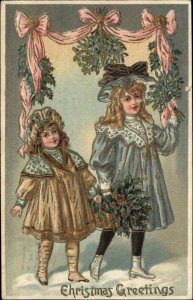 Christmas - Little Girls Basket of Holly c1910 Embossed Postcard