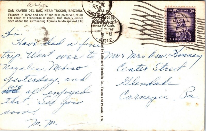 San Xavier Del Bac Tucson Arizona AZ Postcard Cancel PM WOB Note Mike Roberts 