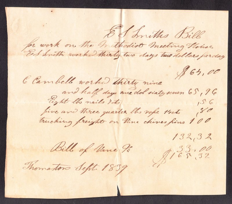 Thomaston ME bills for weathervane/incidentals –Methodist Meeting House -1839