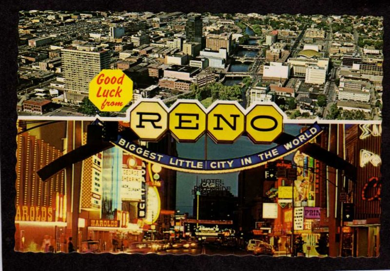 NV Good Luck From Reno Nevada Postcard Casinos Hotels Arch