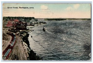 1914 Scenic View Of River Front Train Railroad Burlington Iowa IA Postcard