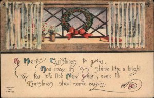 Christmas Verse Wreath in Window c1910 Vintage Postcard