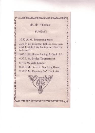 SS Coamo Cruise Ship, July 1937, Sunday Schedule