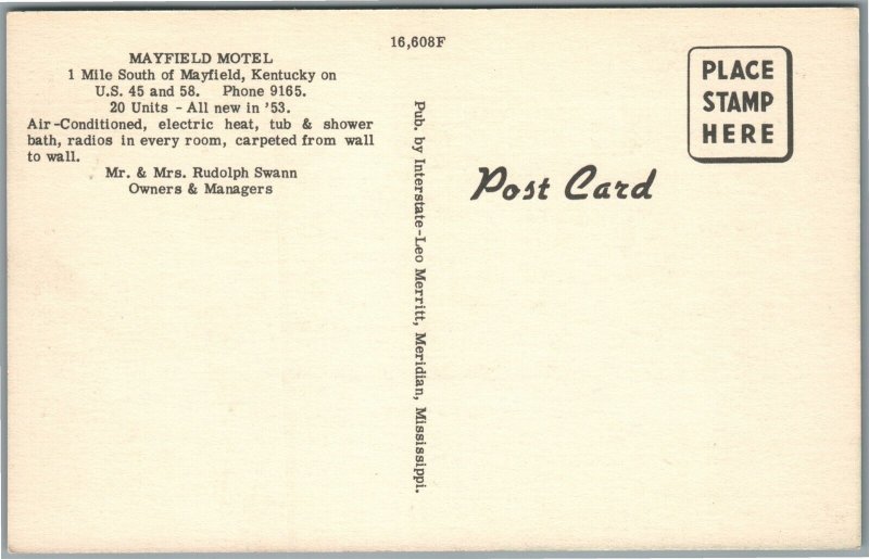 MAYFIELD MOTEL KY VINTAGE POSTCARD