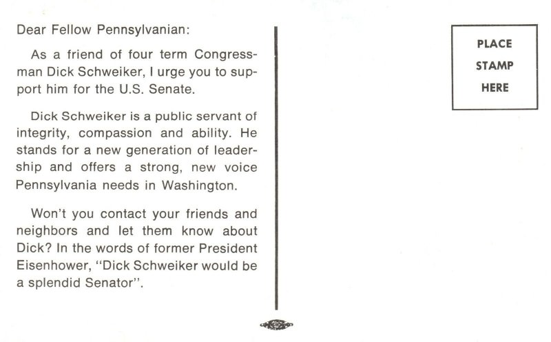 Vintage Postcard  Congressman Dick Schweiker for US Senate Politician