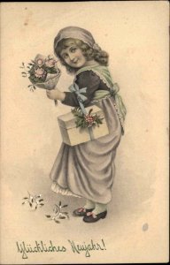 VK Vienne Gluckliches Neujahr Danish New Year Little Girl Flowers c1910 PC