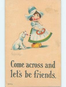 Pre-Linen signed DOG WANTS TO BE FRIENDS WITH GIRL HOLDING PRETZEL HJ4853