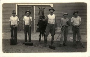 Army Men Brooms Shovel Horse White Tee Shirts CRISP Real Photo Postcard c1915