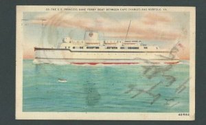 Ca 1948 Post Card SS Princess Anne Ferry Between Cape Charles & Norfolk VA