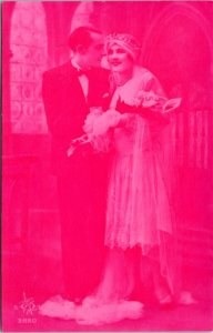 Postcard Romance Wedding Couple Bride Groom Pink Tint Photo France