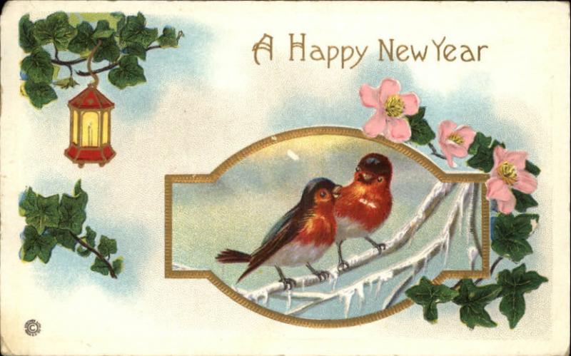New Year Embossed Birds Lantern c1910 Postcard