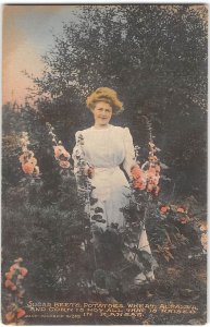 Raised In Kansas Pretty Woman & Roses Farming Hand-Colored 1910s Postcard
