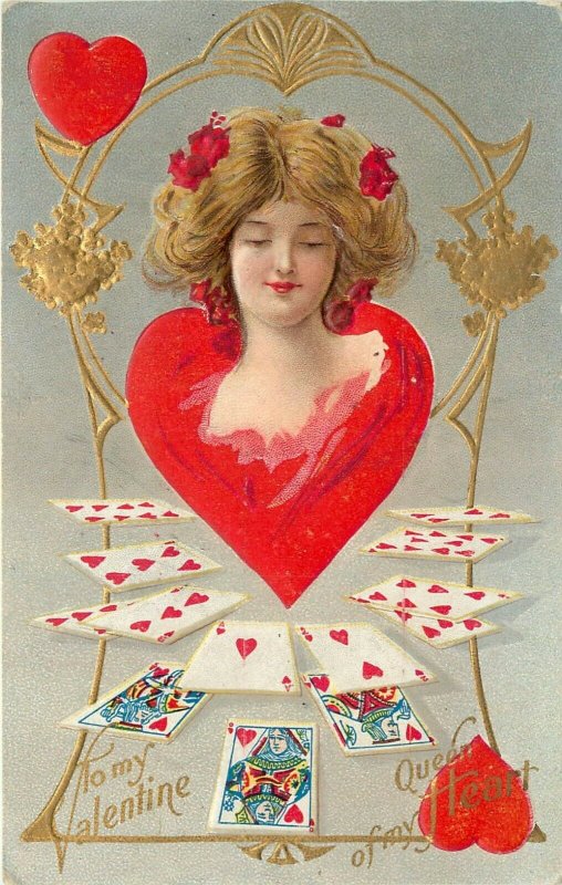 Embossed Postcard Fortune Valentine Ser. Hearts Playing Cards Queen of my Heart