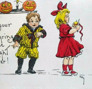 Halloween Postcard HBG Artist Signed HB Griggs Apple Paring Boy Girl With Knife