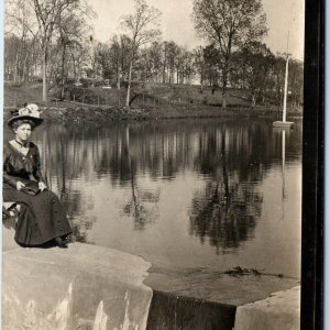 c1910s Cute Young Lady on Dam RPPC Lake Park Cemetery Real Photo Postcard A78