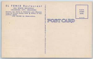 1950 Oklahoma City, Okla. El Fenix Restaurant Advertising Linen PC OK Teich A207