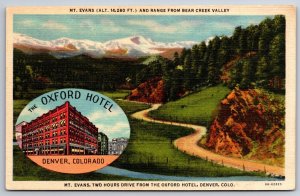 Colorado~Road To Mt Evans & The Oxford Hotel In Oval Frame~Vtg Linen Postcard