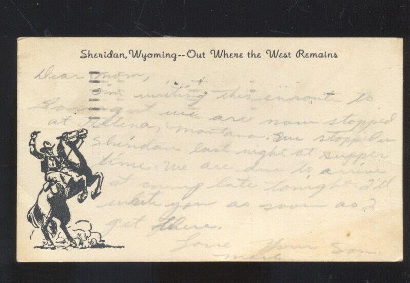 SHERIDAN WYOMING OUT WHERE THE WEST BEGINS COWBOY POSTCARD RED CROSS 1941