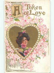 Pre-Linen FACE OF WOMAN INSIDE HEART WITH FLOWERS AB7698