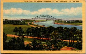 Vtg 1940s Railroad & Bourne Bridges Cape Cod Canal Massachusetts MA Postcard