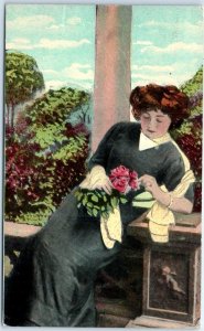 Postcard - Love/Romance Greeting Card with Woman Holding Roses Picture