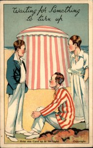 Lonely Men on Beach HOLD TO LIGHT Reveals Women Silhouettes Vintage Postcard