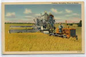 Combine Threshing Wheat Harvest Bulldozer Farming Kansas linen postcard