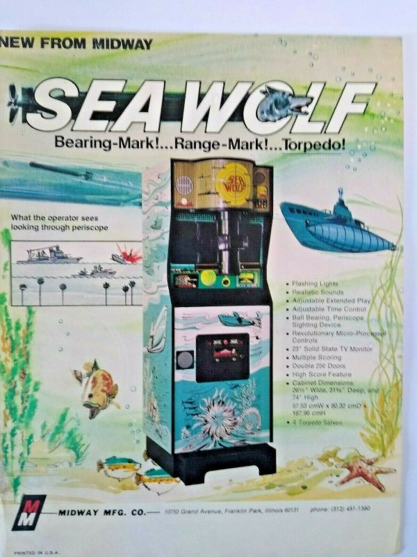 Sea Wolf Arcade FLYER Original Midway Video Game Art Submarine Ocean Combat 1976