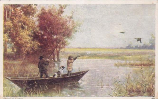 Duck Hunters With Dog In Boat 1910