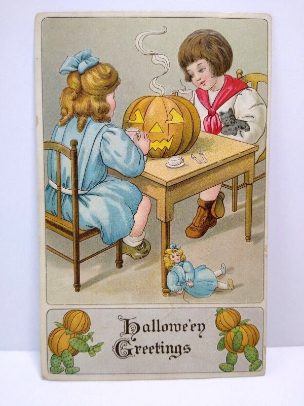 Halloween Postcard Anthropomorphic Gobins Children Tea Party Toys BW Series 374