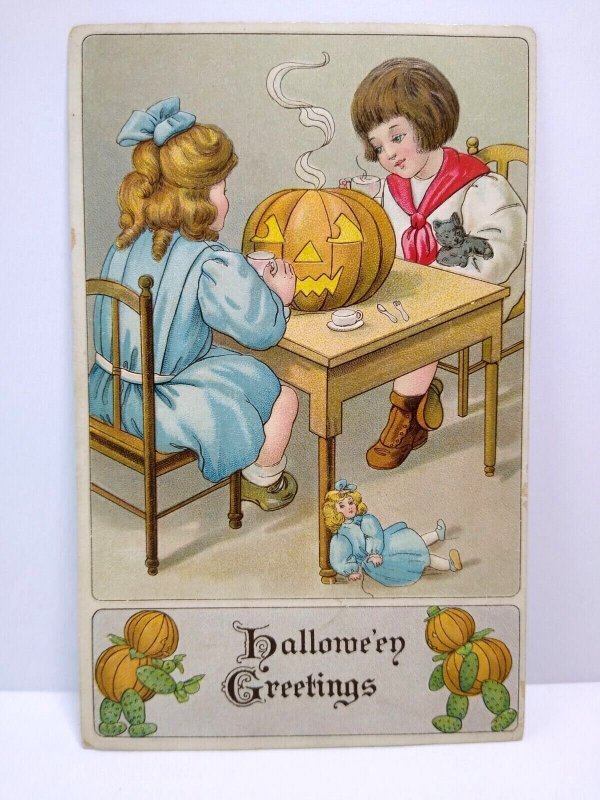 Halloween Postcard Anthropomorphic Gobins Children Tea Party Toys BW Series 374 