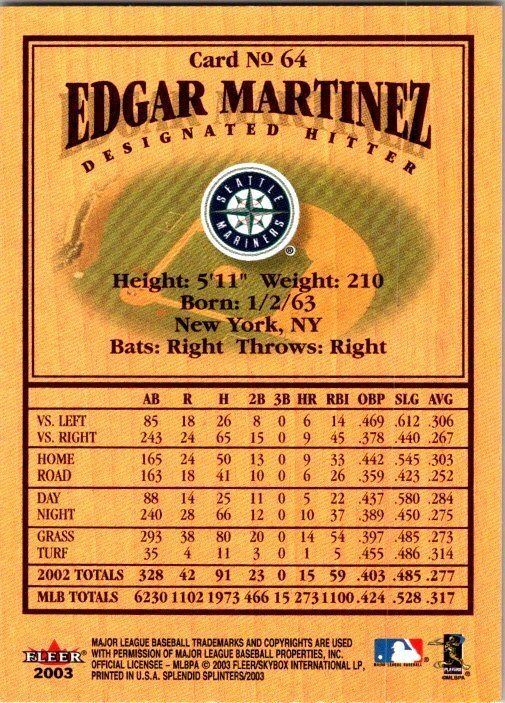 2003 Fleer Baseball Card Edgar Martinez Seattle Mariners sk20095