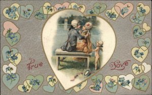 Winsch Valentine Victorian Children Cupid Real Silk Heart c1910 Postcard