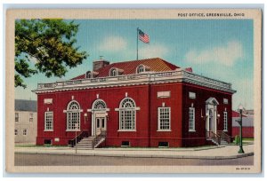 c1940's US Flag Post Office Building Entrance Greenville Ohio OH Postcard 