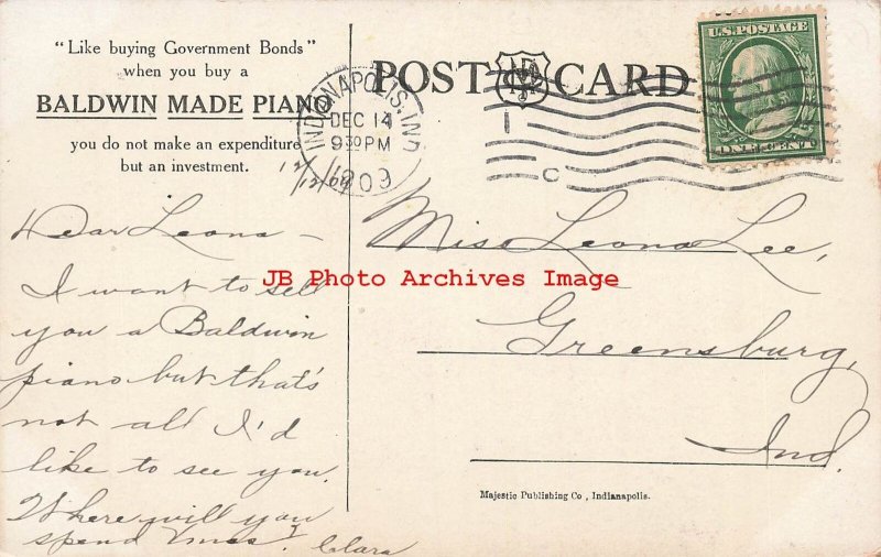 Advertising Postcard, Baldwin Company, Piano Main Sales Room, Indianapolis IN