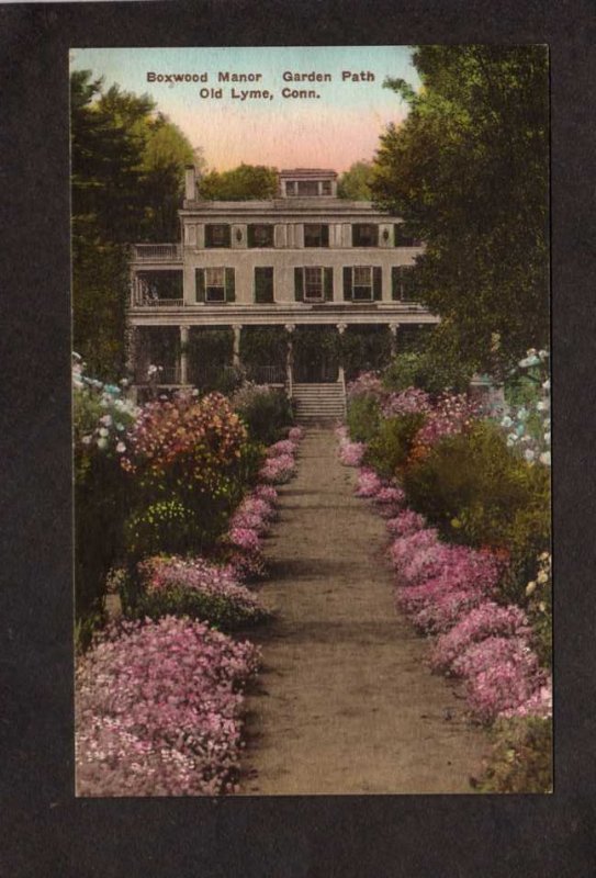 CT Boxwood Manor Garden Path Flowers Old Lyme Connecticut Postcard Hand Colored